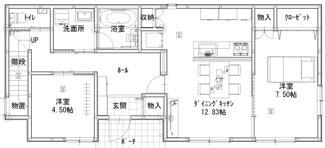 中古住宅リノベーションの改装後平面図（対面キッチンと収納計画）