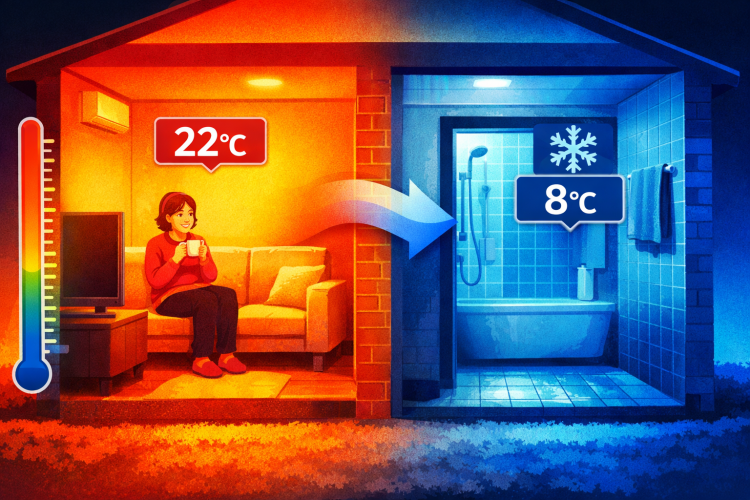 暖かいリビングと寒い浴室の温度差イメージ